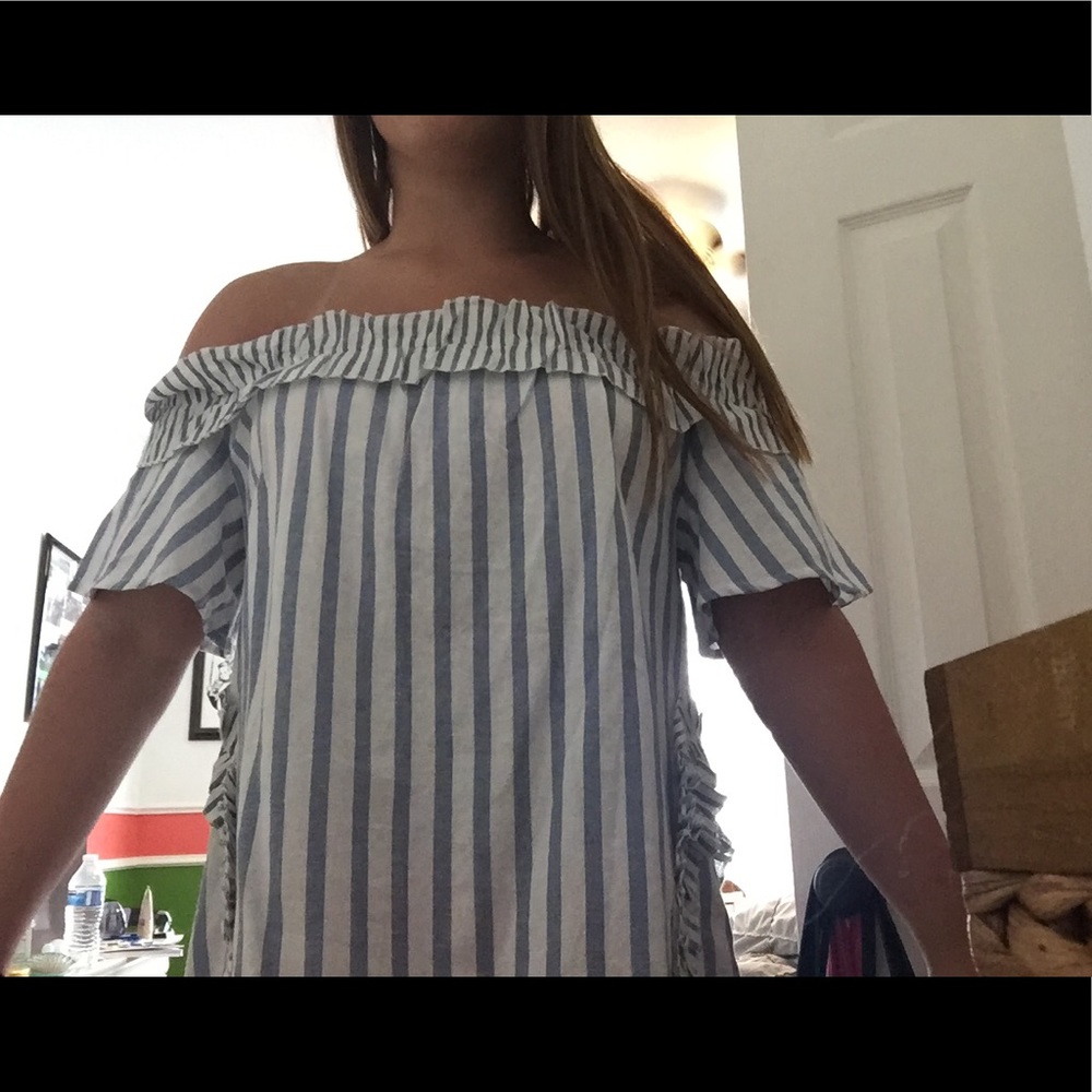 Blue and white striped off the shoulder shirt